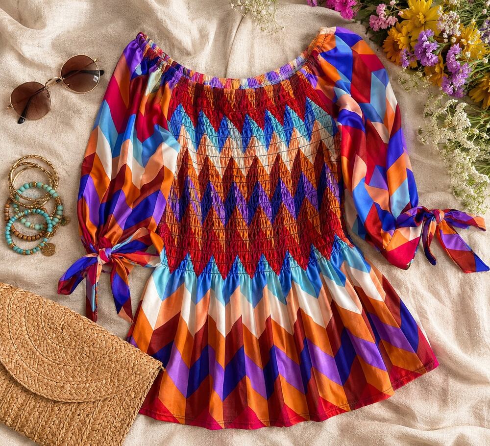 Boho Smocked Geometric Print Blouse XL Colorful Peasant Tie Sleeve Top